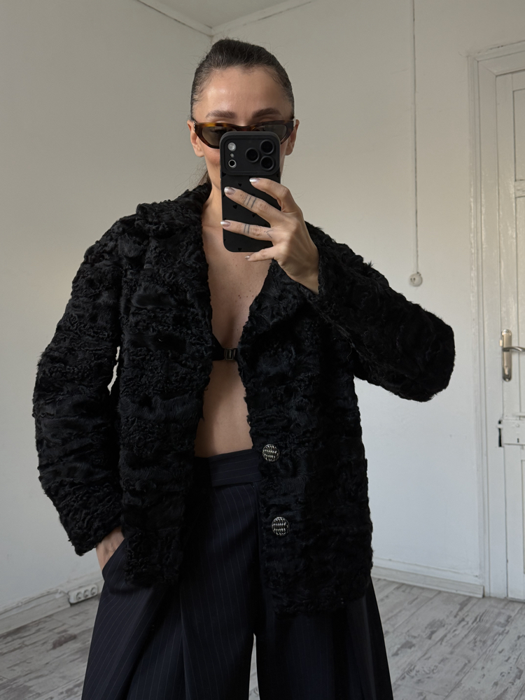 Custom Made %100 Orjinal Astragan Kürk Crop Ceket