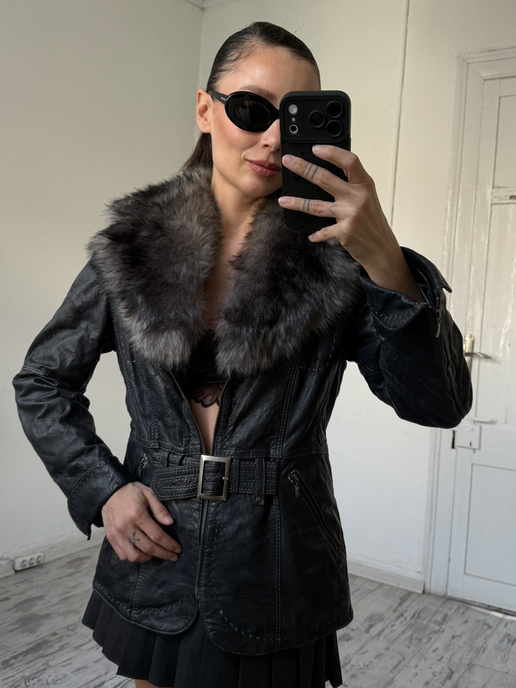 Jean Paul Gaultier %100 Kuzu Nappa Deri Çıkarılabilir Kürklü Deri Ceket
