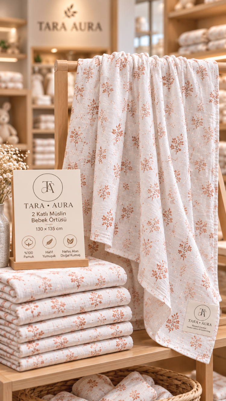 TARA AURA %100 Pamuk 2 Kat Müslin Bebek Örtüsü – 130×135 cm