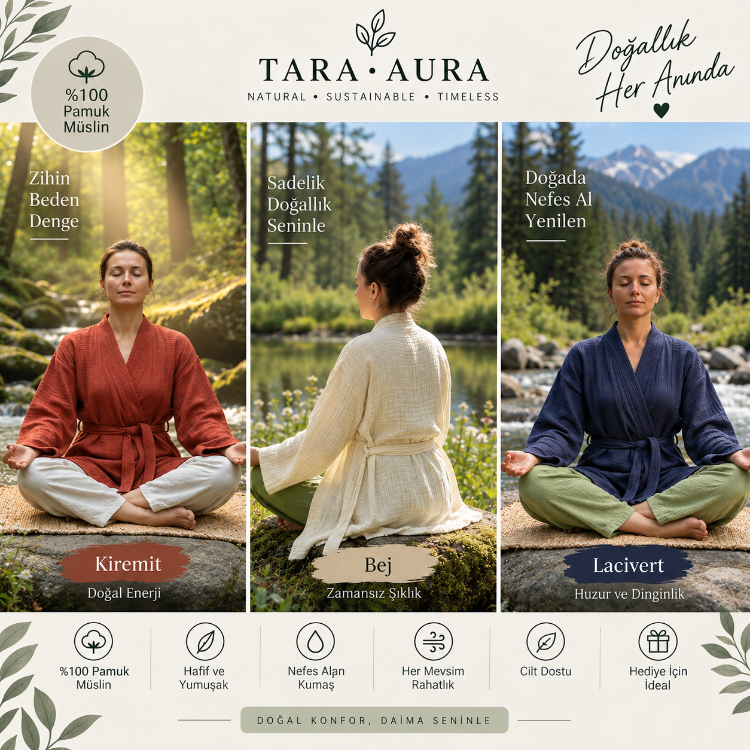 Wellness %100 Pamuk 4 Katlı Müslin Kimono – Yoga, Spa, Plaj ve Günlük Kullanım