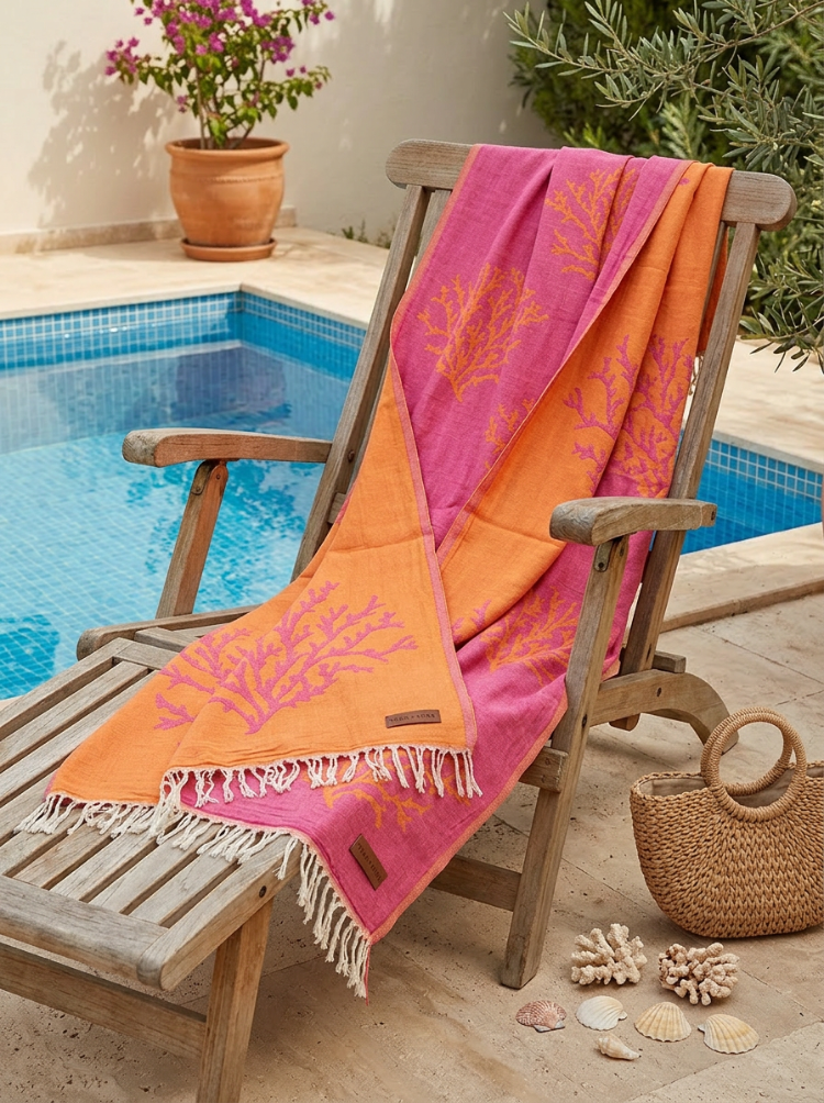 Pembe/Turuncu Mercan Yıkanmış %100 Pamuklu Peştemal