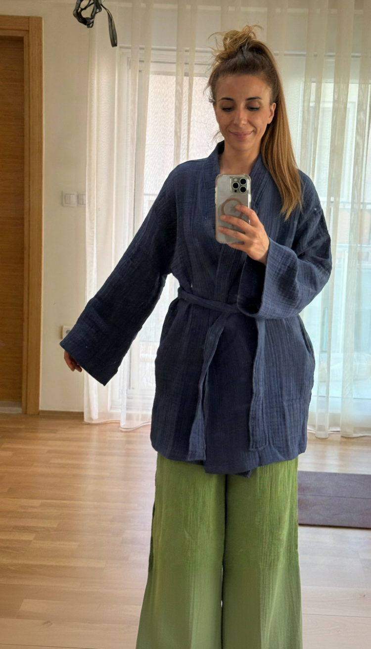 Wellness %100 Pamuk 4 Katlı Müslin Kimono – Yoga, Spa, Plaj ve Günlük Kullanım
