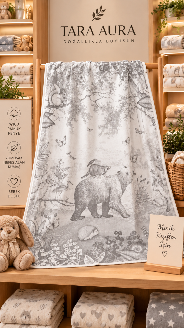 TARA AURA %100 Pamuk Penye Dijital Baskılı Bebek Örtüsü / Battaniye – 100×150 cm