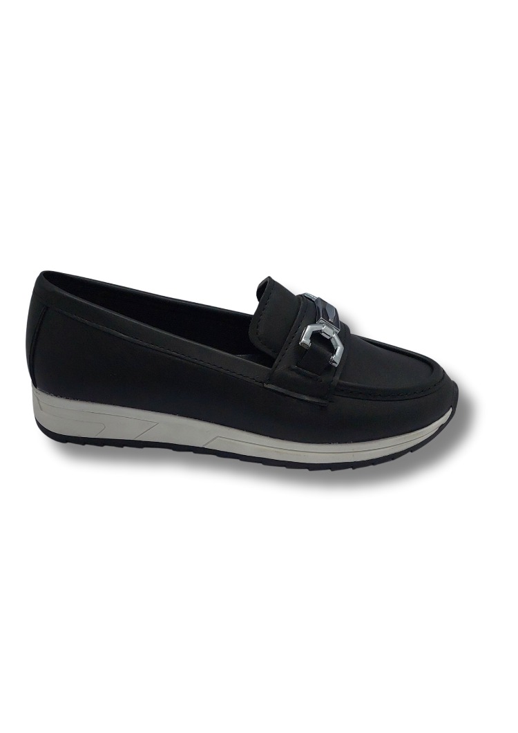 Kadın Siyah Taşlı Tokalı Comfort Loafer Ayakkabı, Rahat Taban, Düz Kadın Babet Ayakkabı