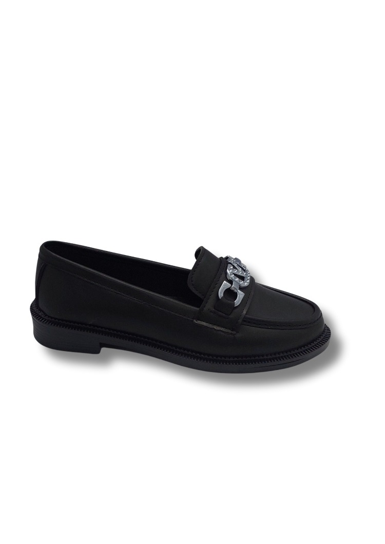 Kadın Siyah Taşlı Tokalı Rahat Comfort Taban Loafer Babet Ayakkabı