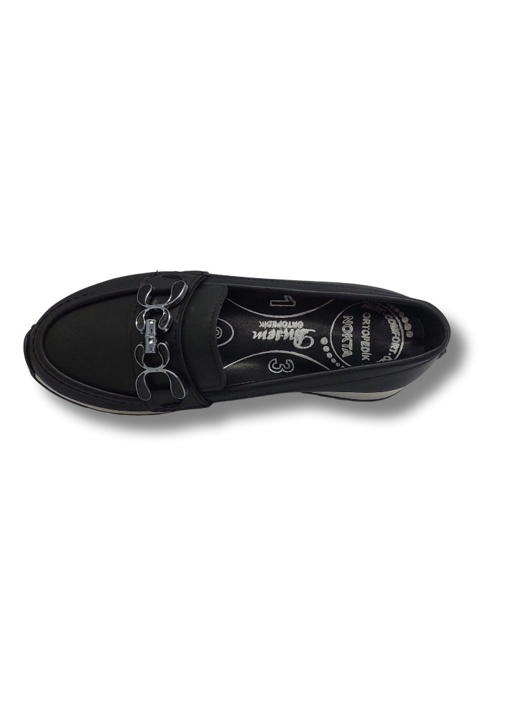 Kadın Siyah Taşlı Tokalı Comfort Loafer Ayakkabı, Rahat Taban, Düz Kadın Babet Ayakkabı