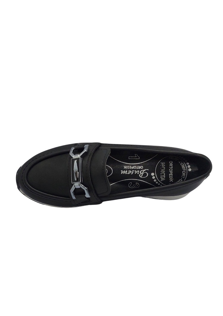 Kadın Siyah Taşlı Tokalı Comfort Loafer Ayakkabı, Rahat Taban, Düz Kadın Babet Ayakkabı