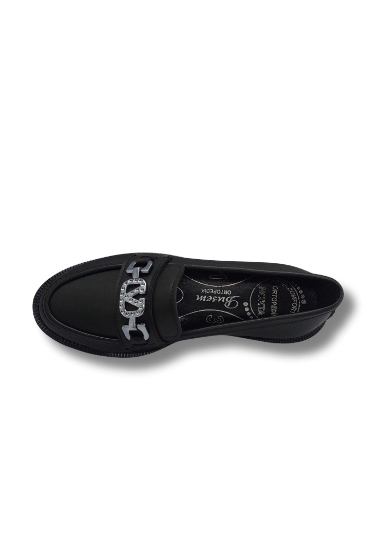 Kadın Siyah Taşlı Tokalı Rahat Comfort Taban Loafer Babet Ayakkabı