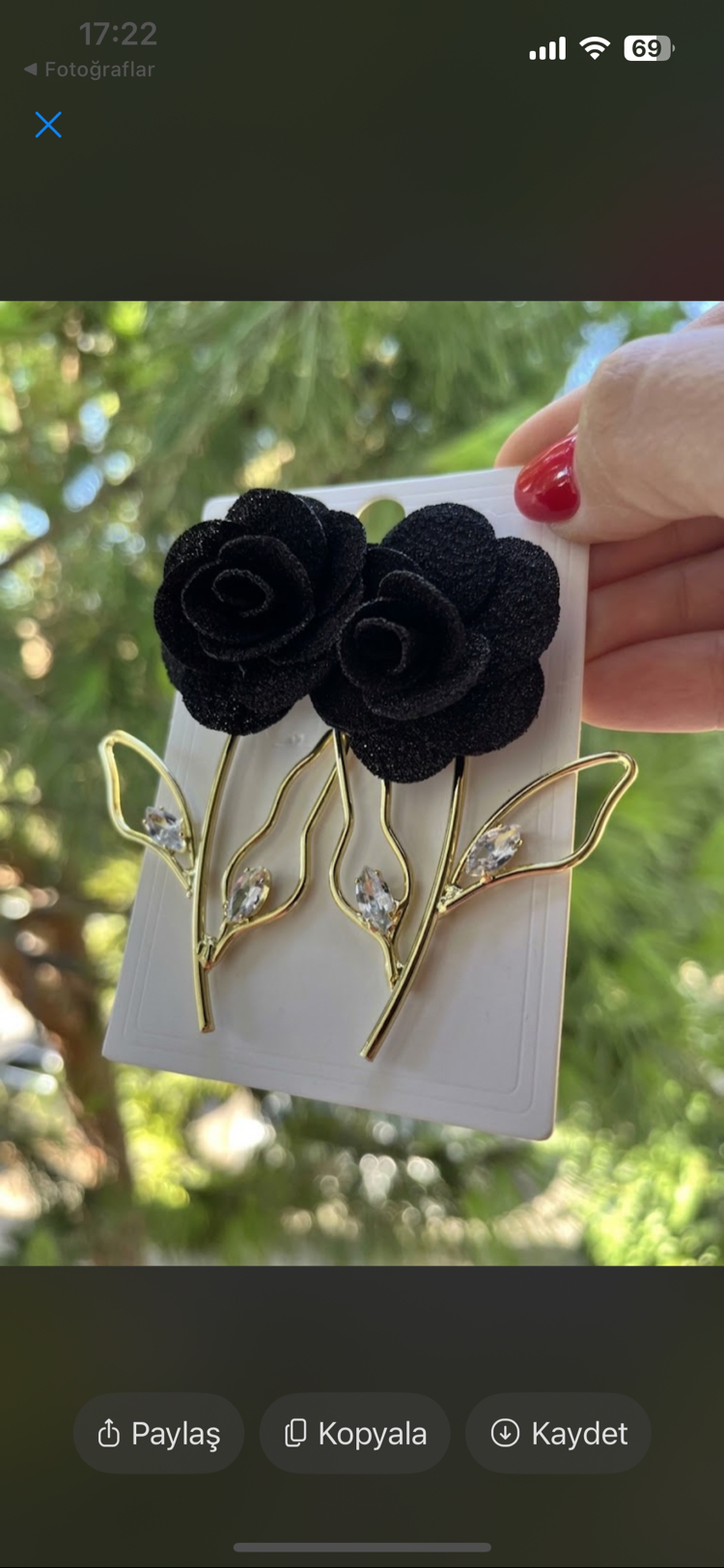 Gold detay Siyah kumaş gül küpe 