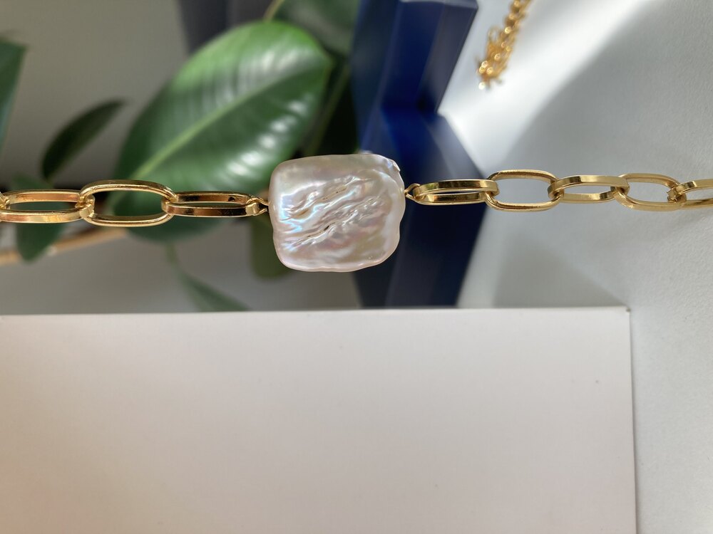 Thick Chain x Rectangle Keshi Pearl Bracelet No: 2