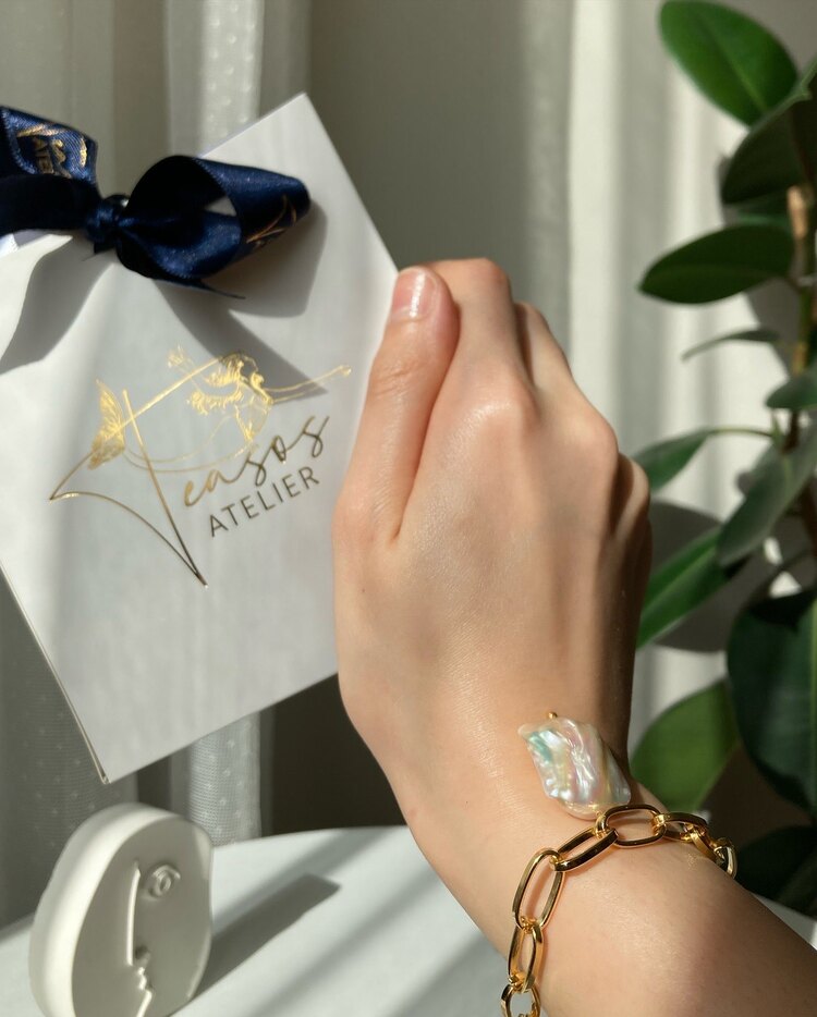 Thick Chain x Rectangle Keshi Pearl Bracelet