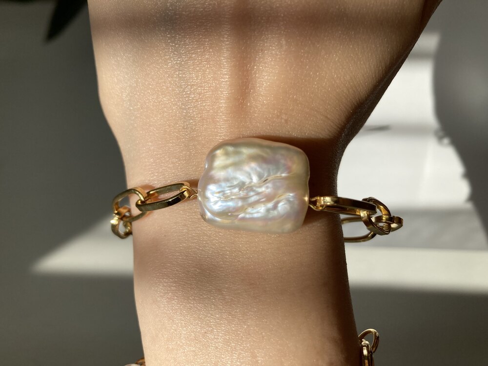 Thick Chain x Rectangle Keshi Pearl Bracelet No: 2