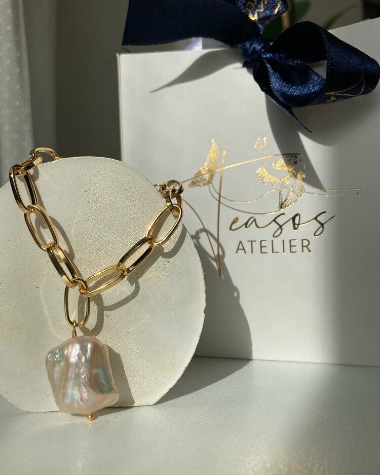 Thick Chain x Rectangle Keshi Pearl Bracelet