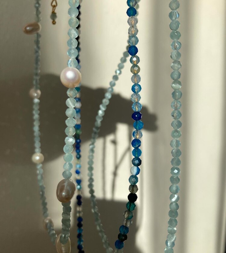 Blue Facet Agate x Pearl Necklace