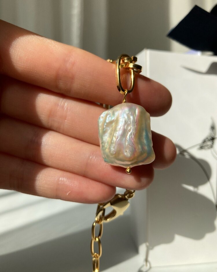 Thick Chain x Rectangle Keshi Pearl Bracelet