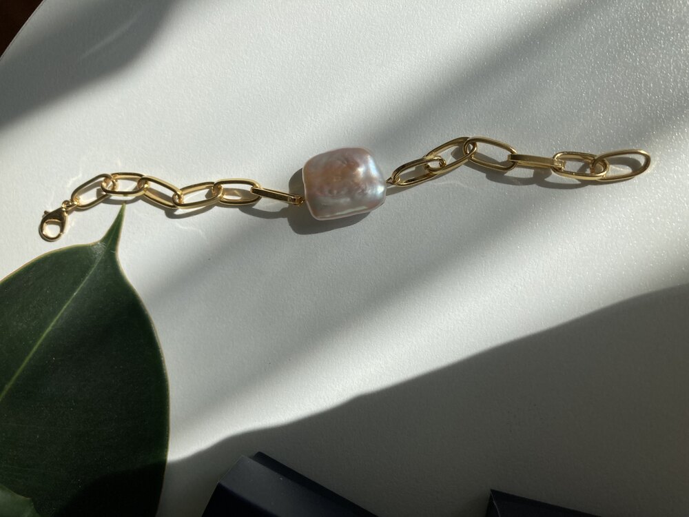 Thick Chain x Rectangle Keshi Pearl Bracelet No: 2