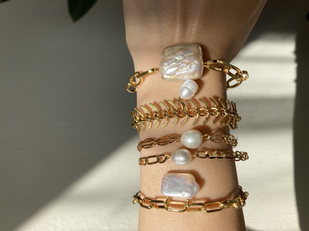 Thick Chain x Rectangle Keshi Pearl Bracelet No: 2