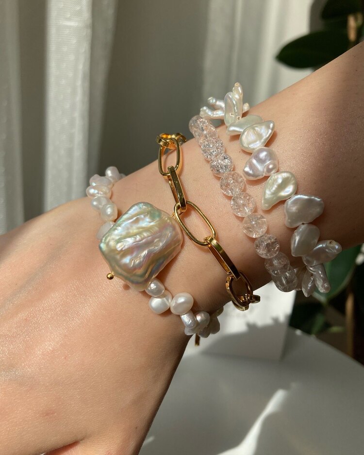 Thick Chain x Rectangle Keshi Pearl Bracelet