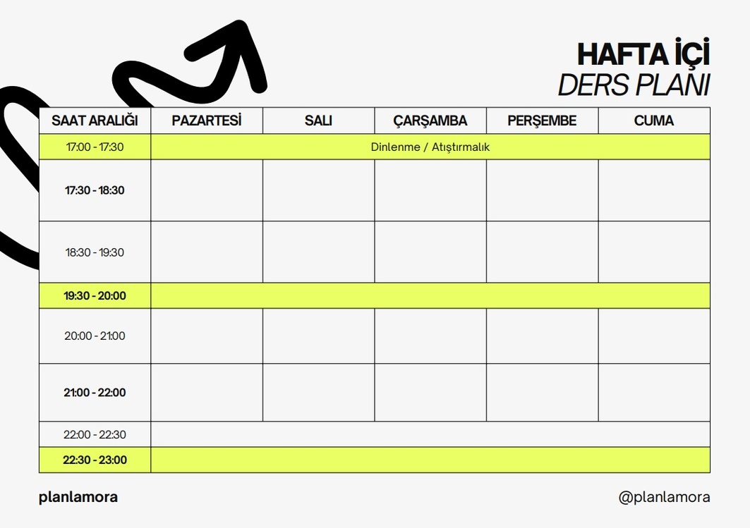 HAFTA İÇİ DERS ÇALIŞMA PLANI/PROGRAMI LİSE/YKS ÖĞRENCİLERİ İÇİN ÇALIŞMA PLANI