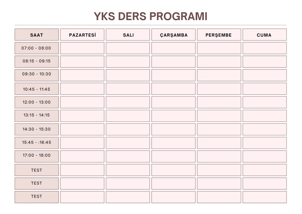 YKS DERS PLANI/PROGRAMI 5 GÜN