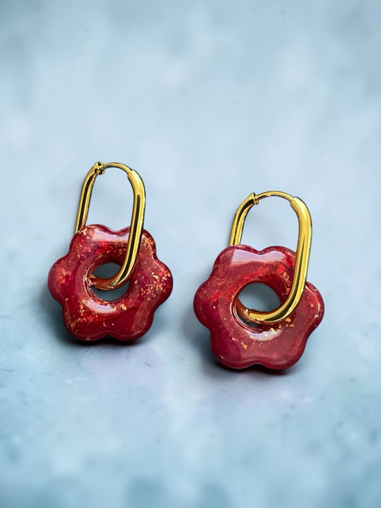 Bordo mini çiçek Çelik Halkalı Küpe