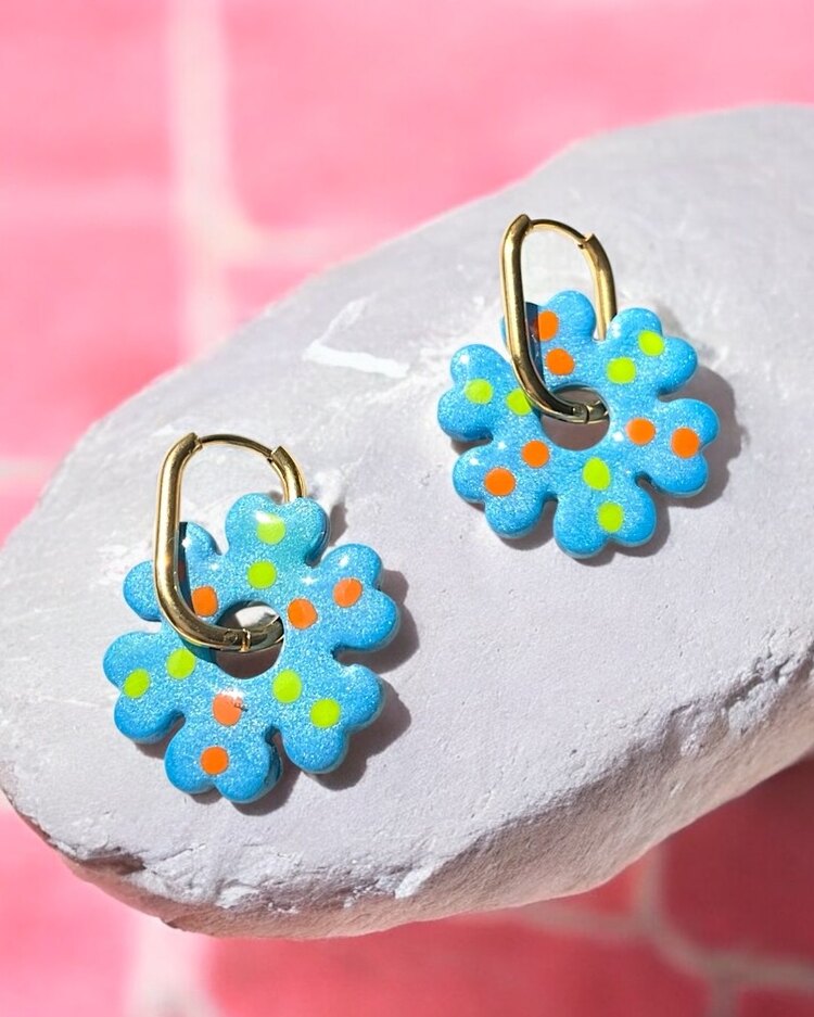 Mix & Match donut charm küpe - Mavi yeşil turuncu puantiyeli