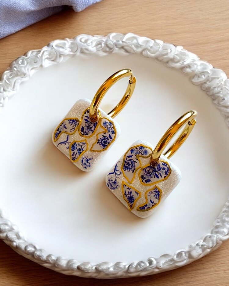 Kintsugi serisi- kare Charmlı Çelik Halkalı Küpe