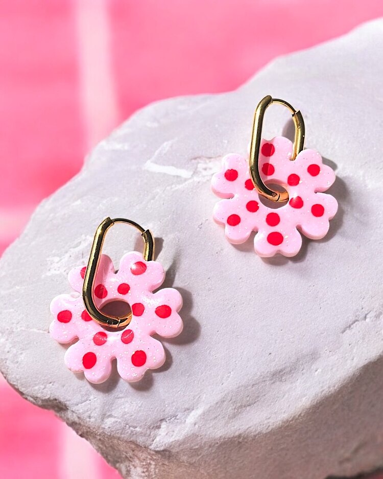 Mix & Match donut charm küpe- Pembe kırmızı puantiyeli 