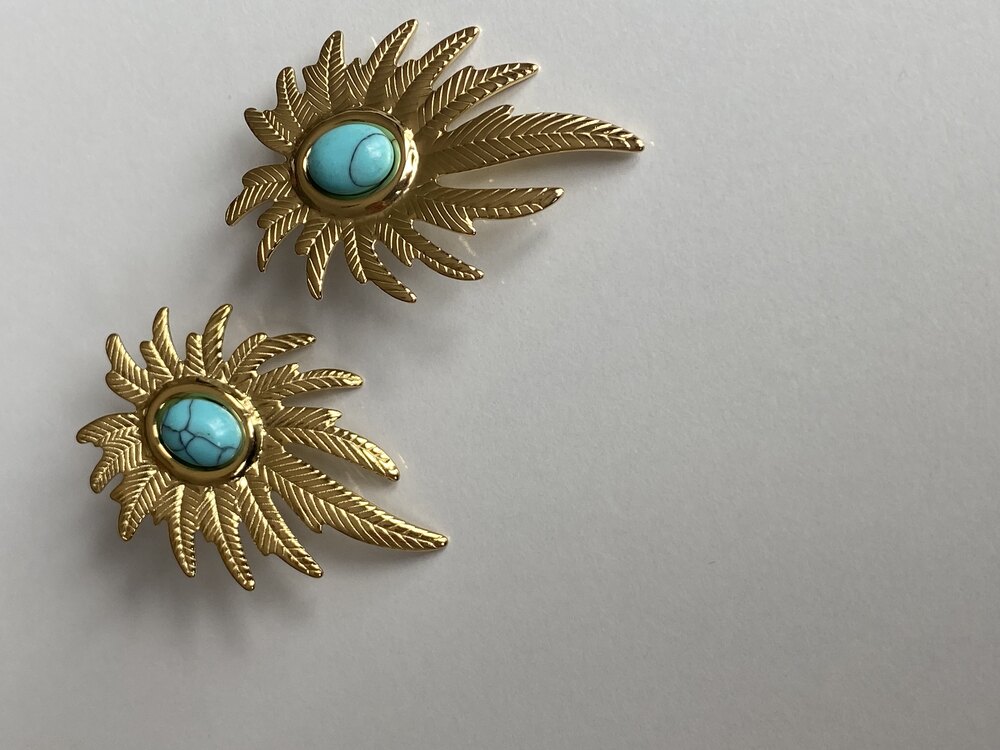 Çelik gold yaprak saçaklı mavi taş küpe