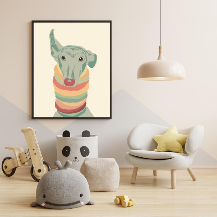 Renkli Atkılı Köpek İllüstrasyon | Modern Minimalist Duvar Dekoru (Dijital İndirme)