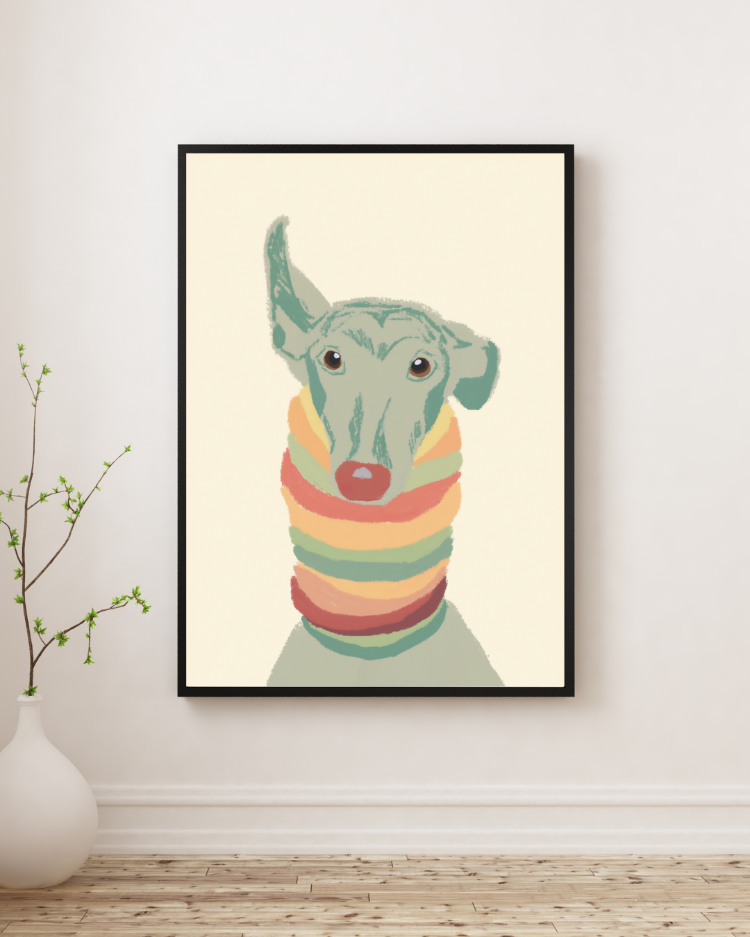 Renkli Atkılı Köpek İllüstrasyon | Modern Minimalist Duvar Dekoru (Dijital İndirme)