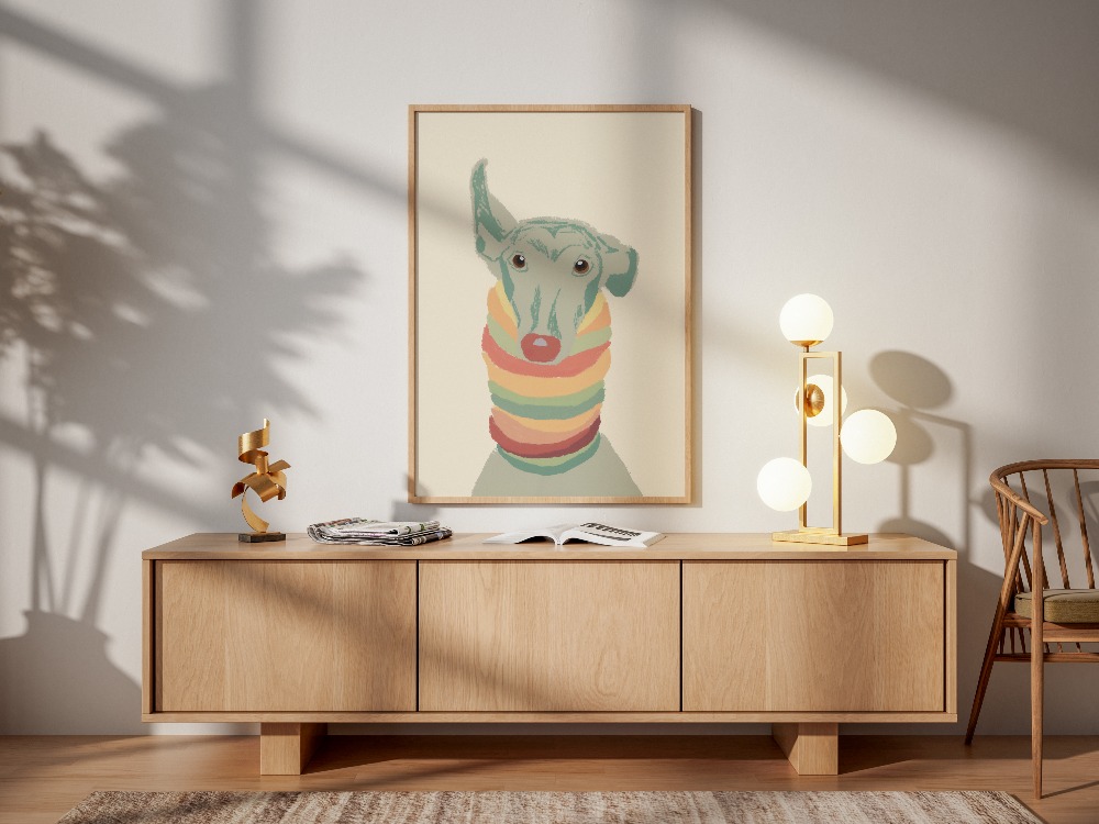 Renkli Atkılı Köpek İllüstrasyon | Modern Minimalist Duvar Dekoru (Dijital İndirme)
