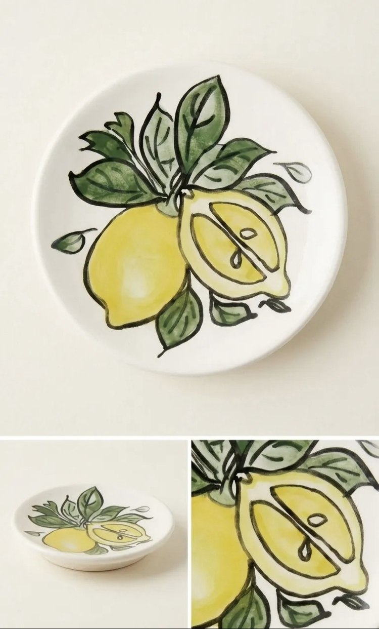 El Boyaması Limon Desenli Seramik Tabak