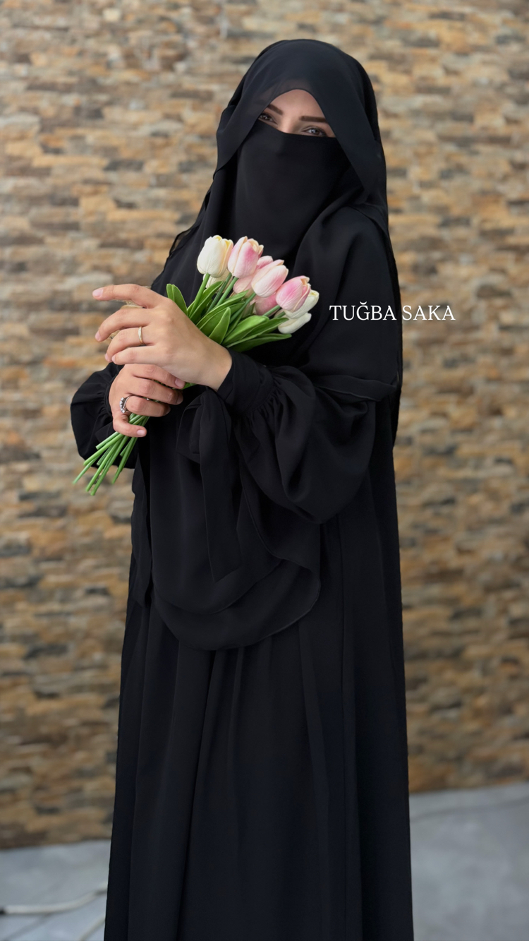 ARYA SİYAH TAKIM “ GÖLGELİ OVAL SUFLE & KOL BAĞLAMALI ELBİSE
