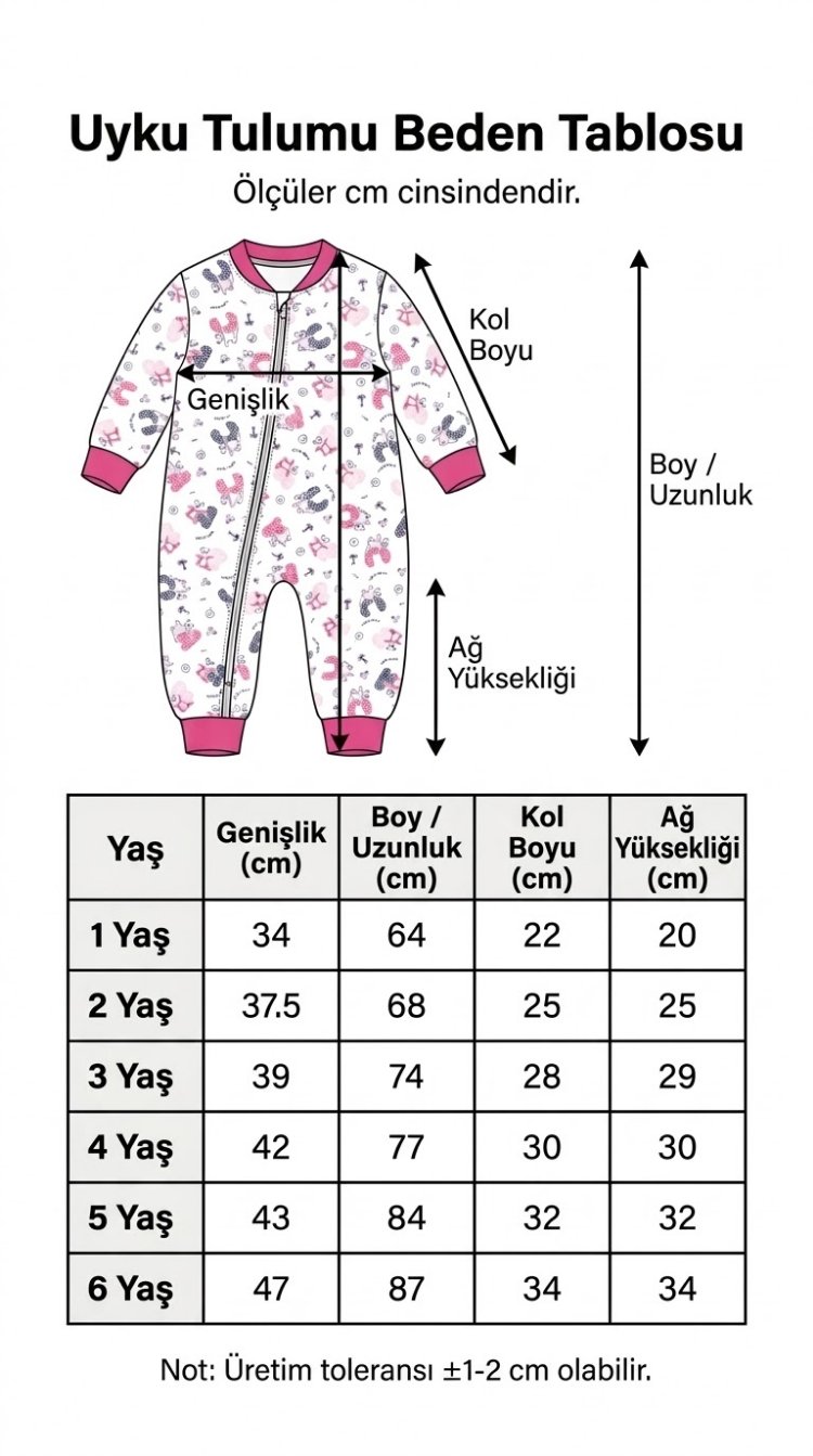 Kız Çocuk Uyku Tulumu 1,5 Tog Fermuarlı Uzun Kollu Desenli Uyku Tulumu 1-6 Yaş