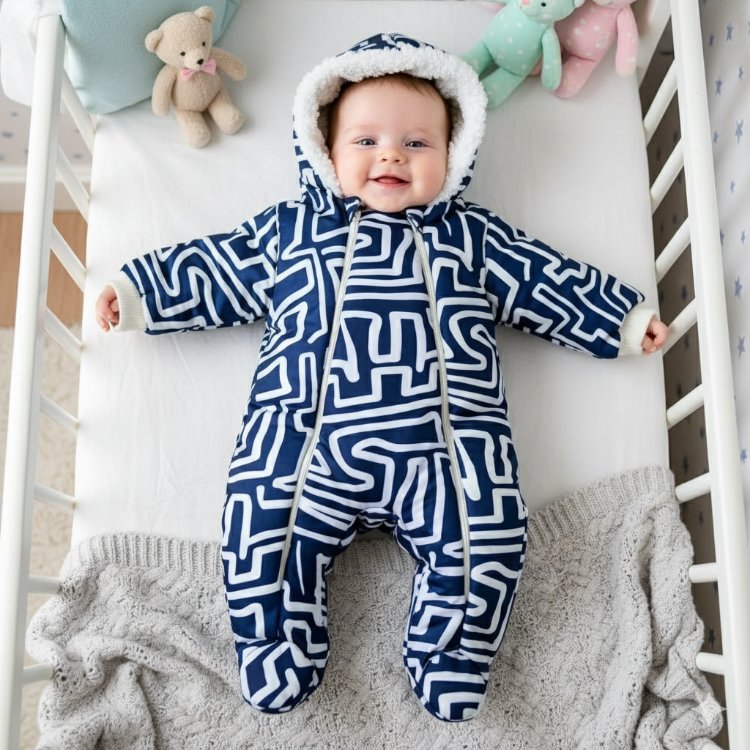 Unisex Bebek Lacivert, Desenli İçi Peluşlu Kapşonlu Çift Fermuarlı Kışlık Mont Tulum