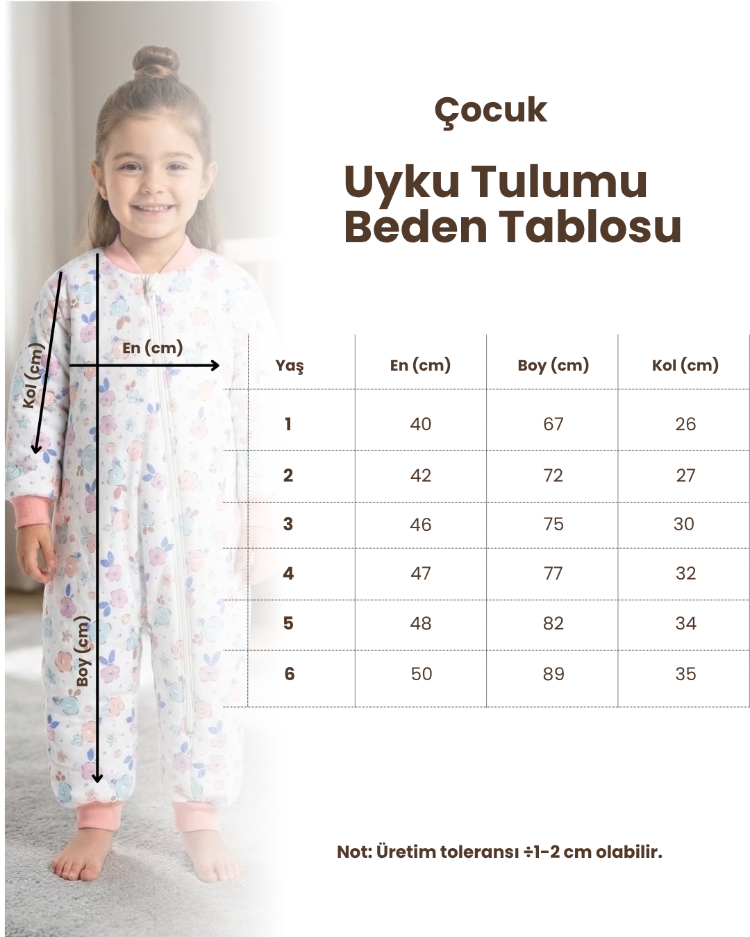 Caramio Kız Çocuk Uyku Tulumu 1-6 Yaş 2.5 TOG Çiçek Desenli Kışlık Tulum