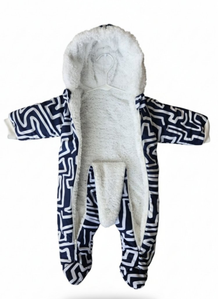 Unisex Bebek Lacivert, Desenli İçi Peluşlu Kapşonlu Çift Fermuarlı Kışlık Mont Tulum