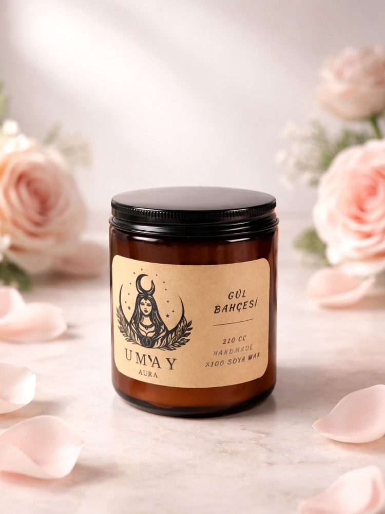 Gül Kokulu El Yapımı Soya Mum Amber Kavanoz 210 cc