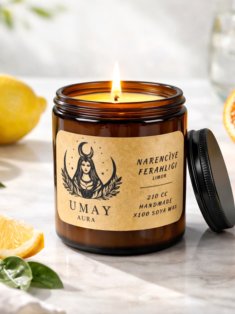 Limon Kokulu El Yapımı Soya Mum Amber Kavanoz 210 cc