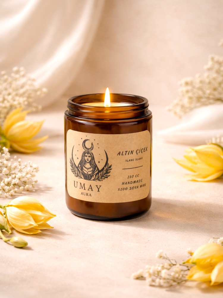 Ylang Ylang Kokulu El Yapımı Soya Mum Amber Kavanoz 210 cc