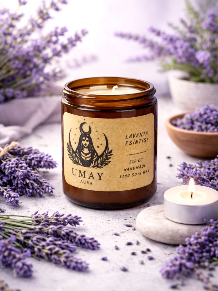 Lavanta Kokulu El Yapımı Soya Mum Amber Kavanoz  210 cc