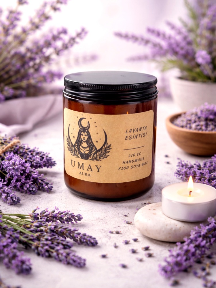Lavanta Kokulu El Yapımı Soya Mum Amber Kavanoz  210 cc