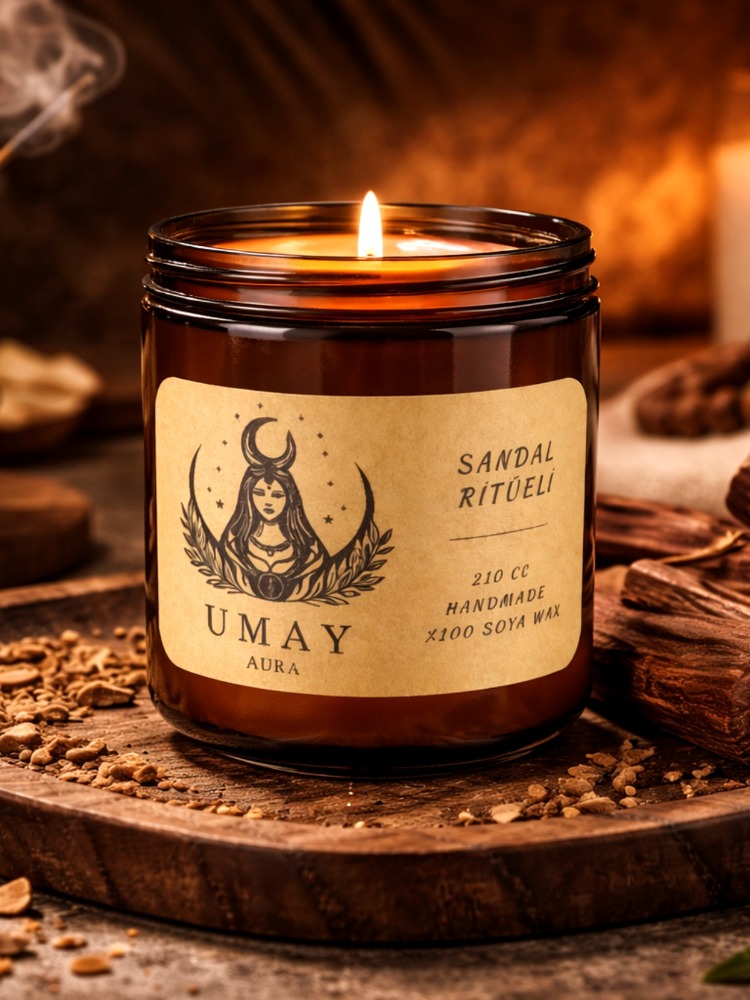 Sandal Ağacı Kokulu El Yapımı Soya Mum Amber Kavanoz 210 cc
