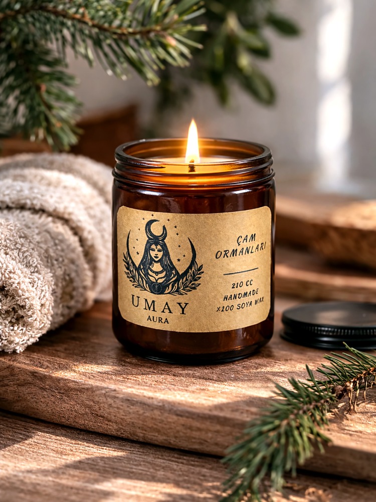 Çam Kokulu El Yapımı Soya Mum Amber Kavanoz 210 cc