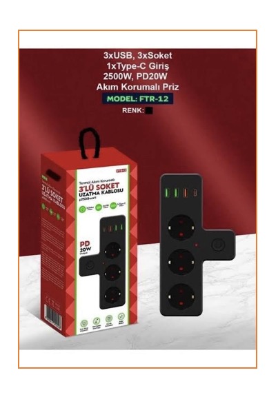 THE WLUE 3'lü Akım Korumalı Priz Çoğaltıcı 2500W 3xUSB 2.4A 1xType-C