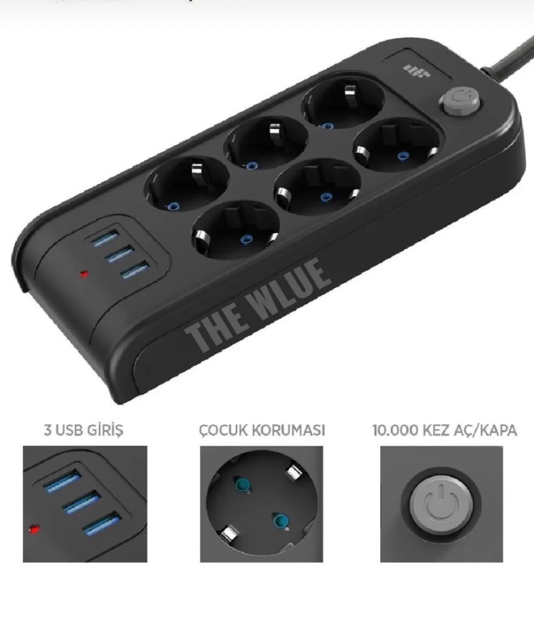THE WLUE Çoklu 6'lı Priz Akım Korumalı 3xUSB 3.4A 2500 Watt 2 Metre Uzatma Kablosu