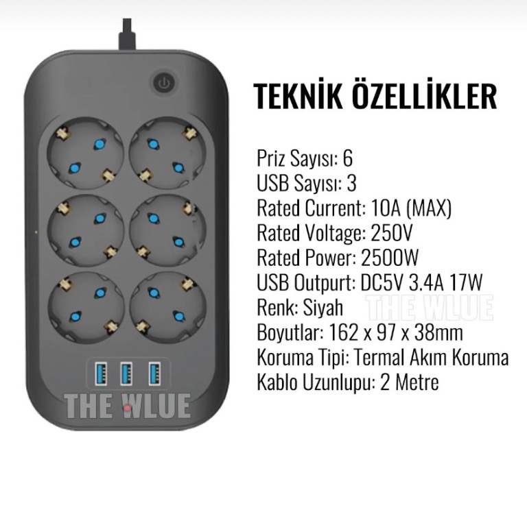 THE WLUE Çoklu 6'lı Priz Akım Korumalı 3xUSB 3.4A 2500 Watt 2 Metre Uzatma Kablosu