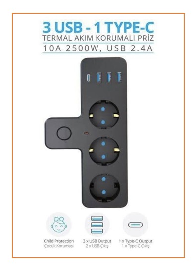THE WLUE 3'lü Akım Korumalı Priz Çoğaltıcı 2500W 3xUSB 2.4A 1xType-C