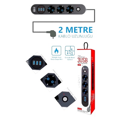 THE WLUE Çoklu 3'LÜ Priz Akım Korumalı 3xUSB 10A 2500 Watt